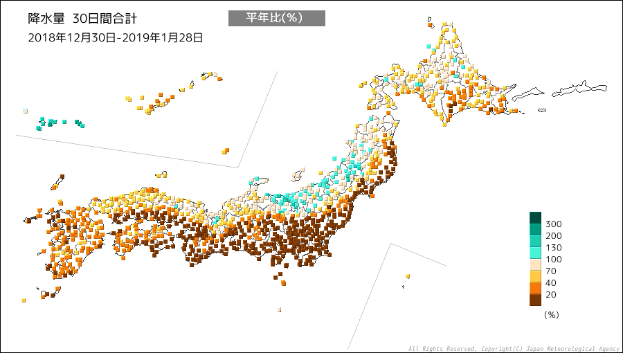 2019年1月28日までの降水量30日間合計平年比