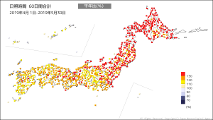 2019年・60日間日照・平年比