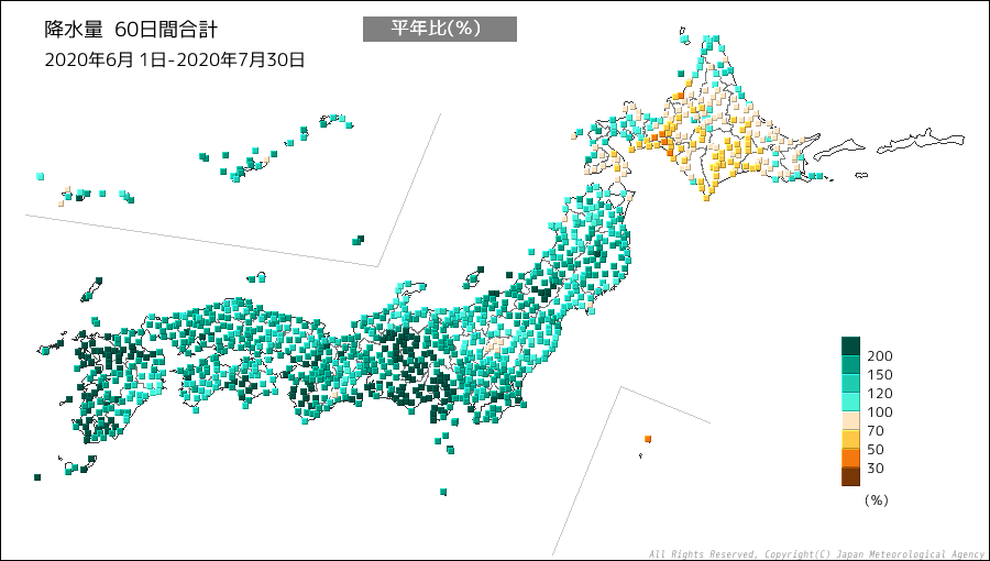 2020年7月30日までの60日間降水量平年比
